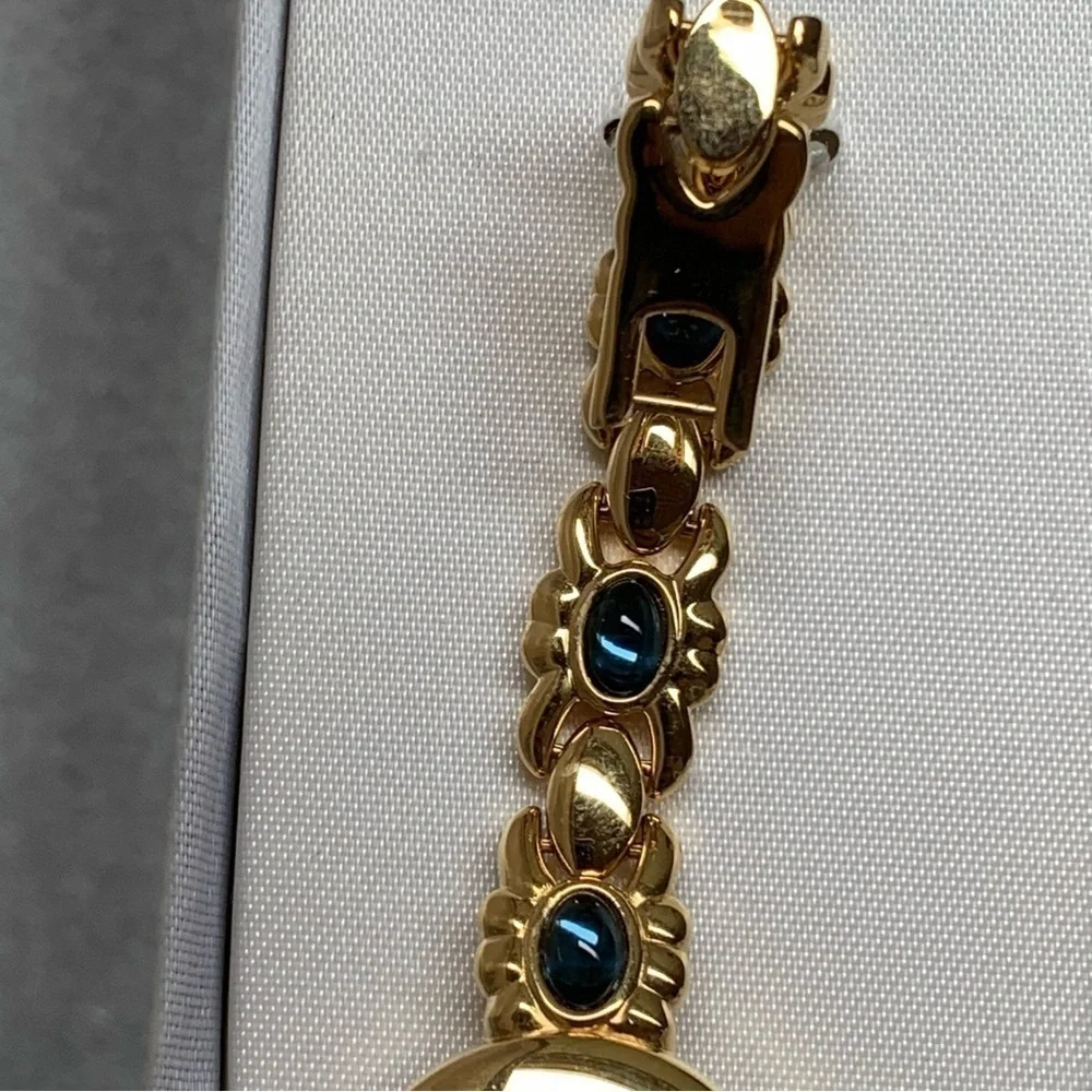 🆕 Vintage Nolan Miller Gold Tone Cabochon Ladies Watch Blue Gold Glamour